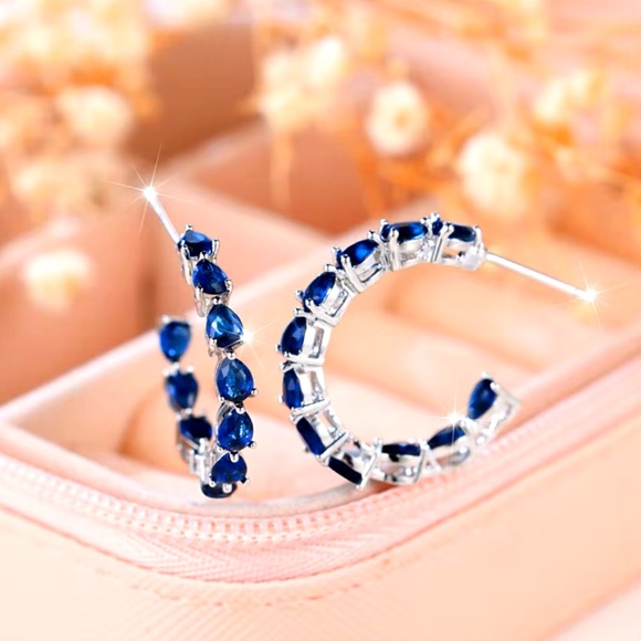 14k White Gold & Marquise Blue Sapphire Huggie Earrings - Picture 4 of 7